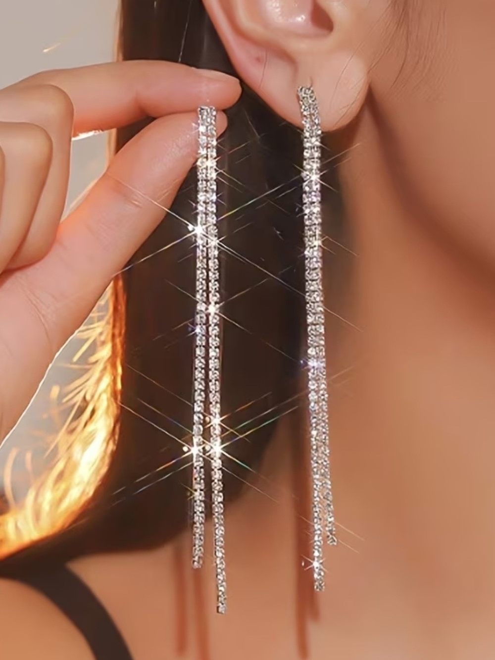 Sparkling Silver Long Drop Rhinestone Earrings - Women Jewelry